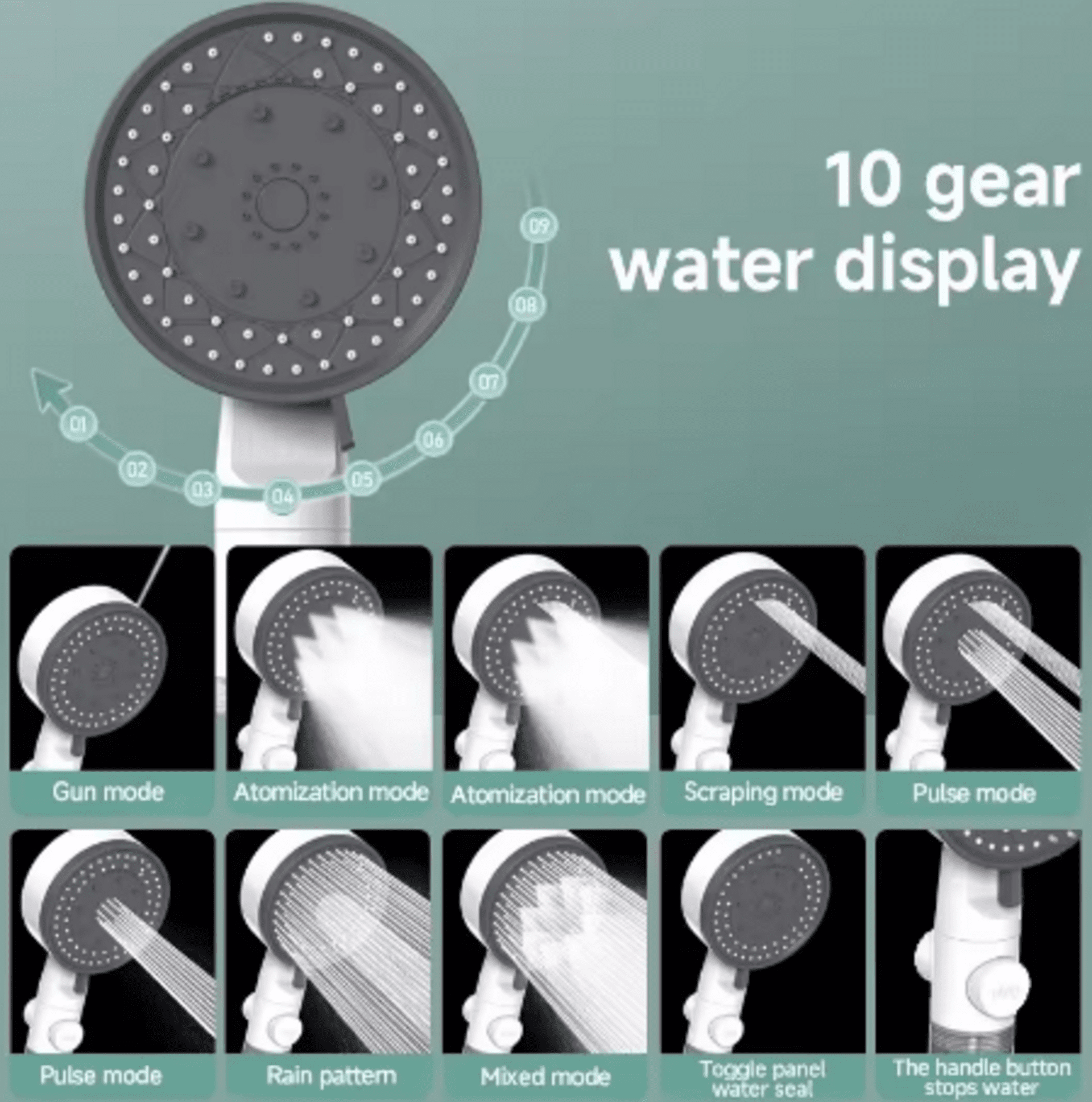 Cabezal de ducha de alta presión ajustable con filtro de agua - 2